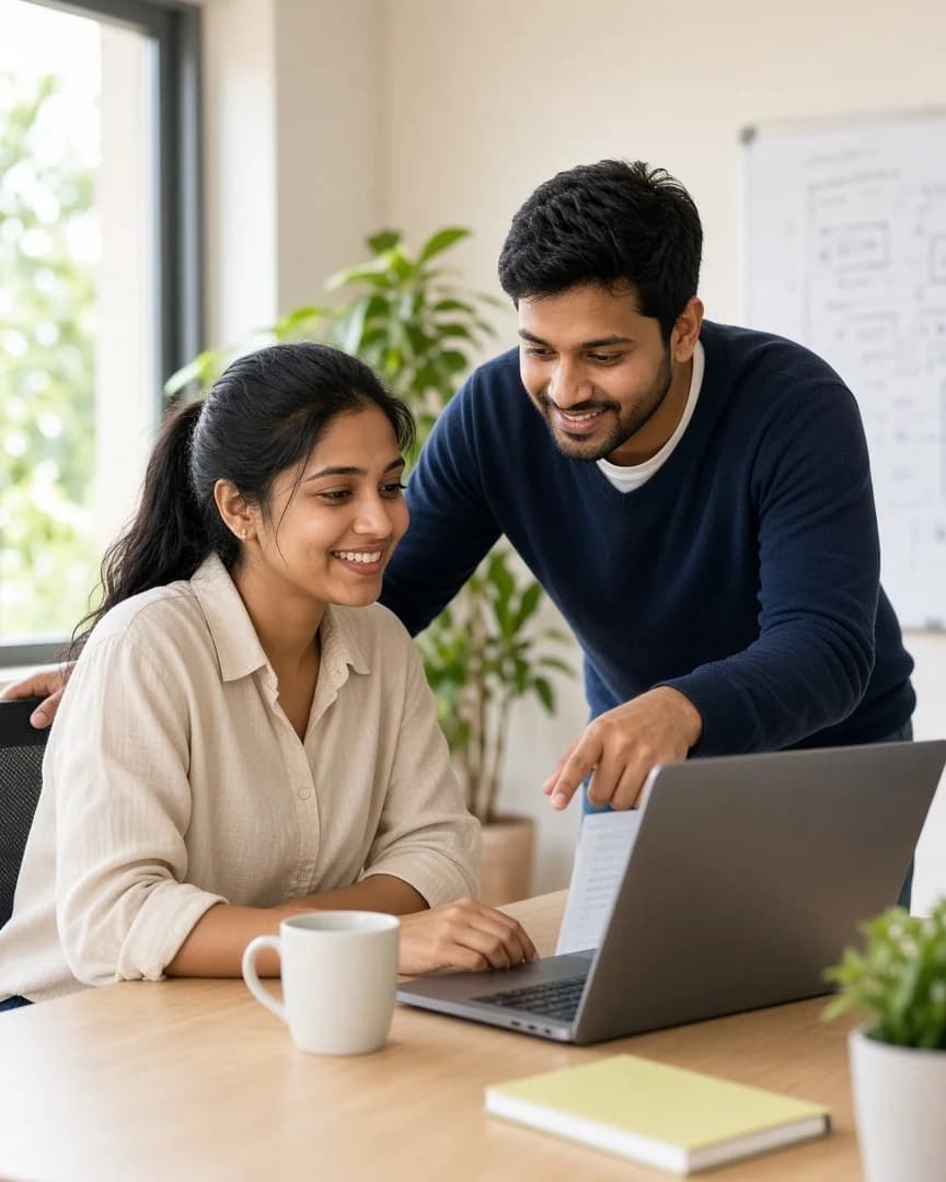 Two colleagues looking at a laptop together in a bright office