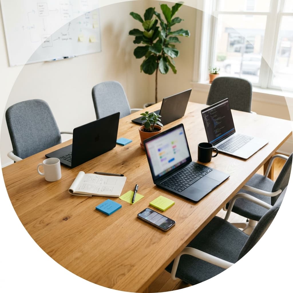Team workspace with laptops, notes and a planning board