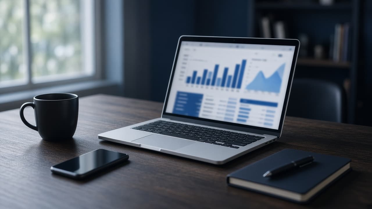 Laptop showing an advertising analytics dashboard on a dark wooden desk