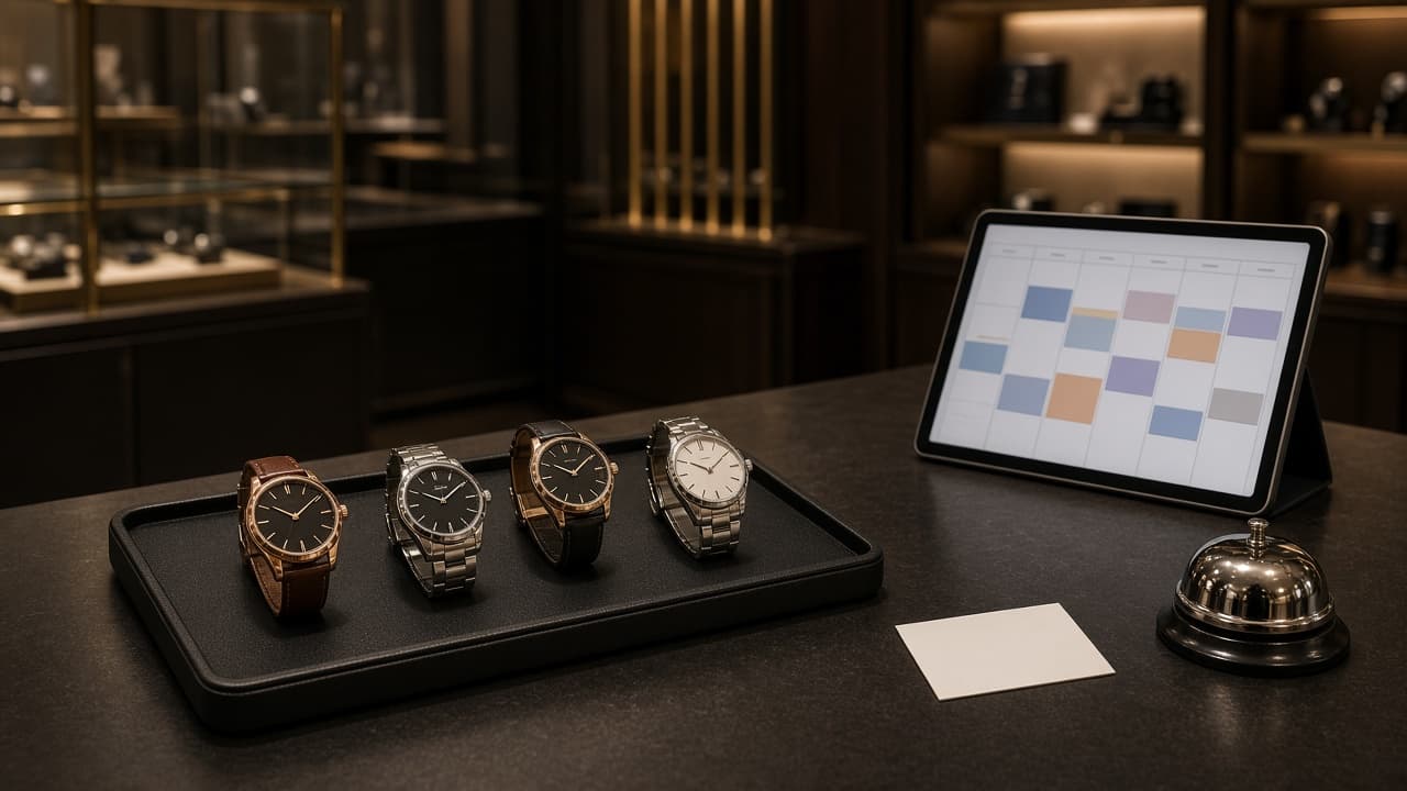 Tablet showing a weekly calendar and a phone showing a booking screen on a dark desk