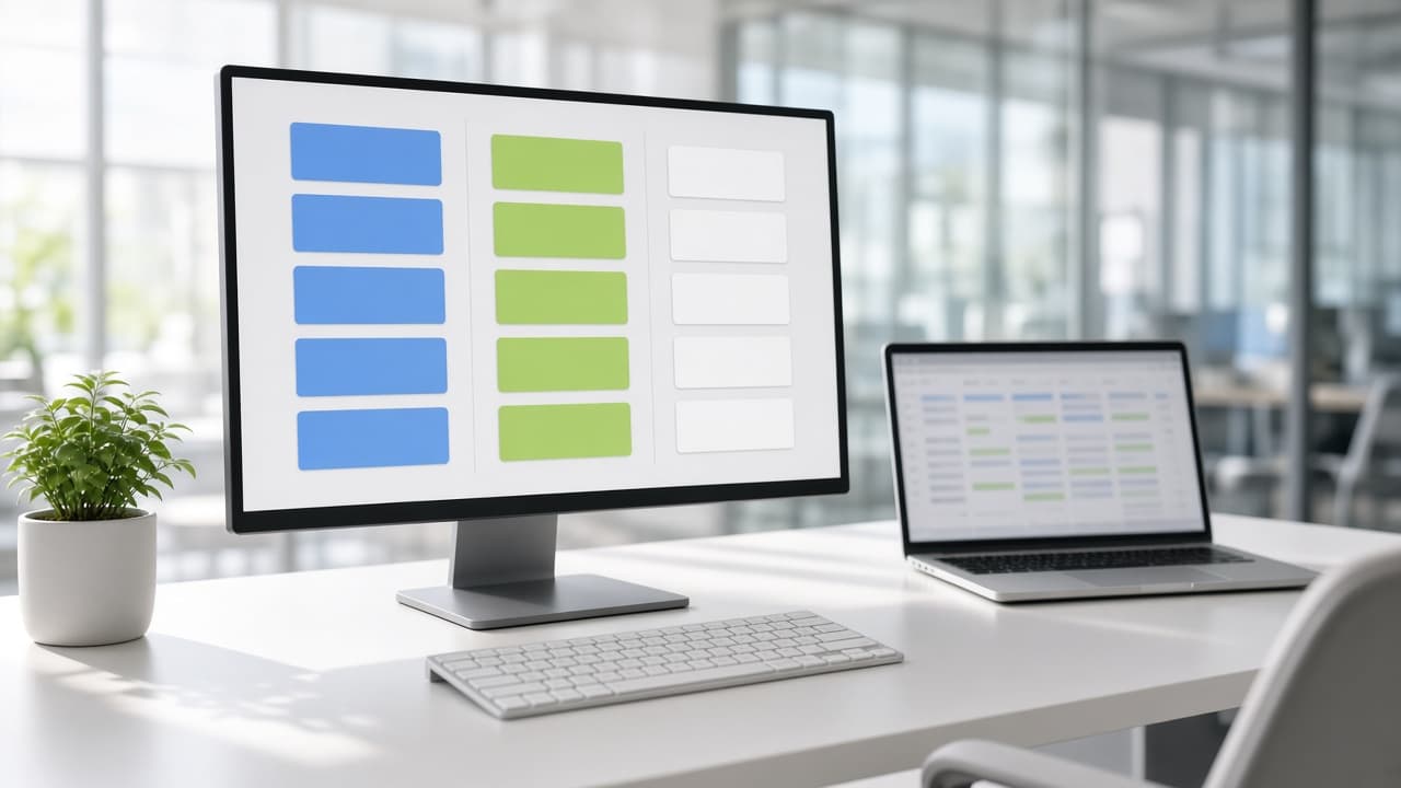 Office desk with a CRM pipeline on a monitor and a customer list on a laptop