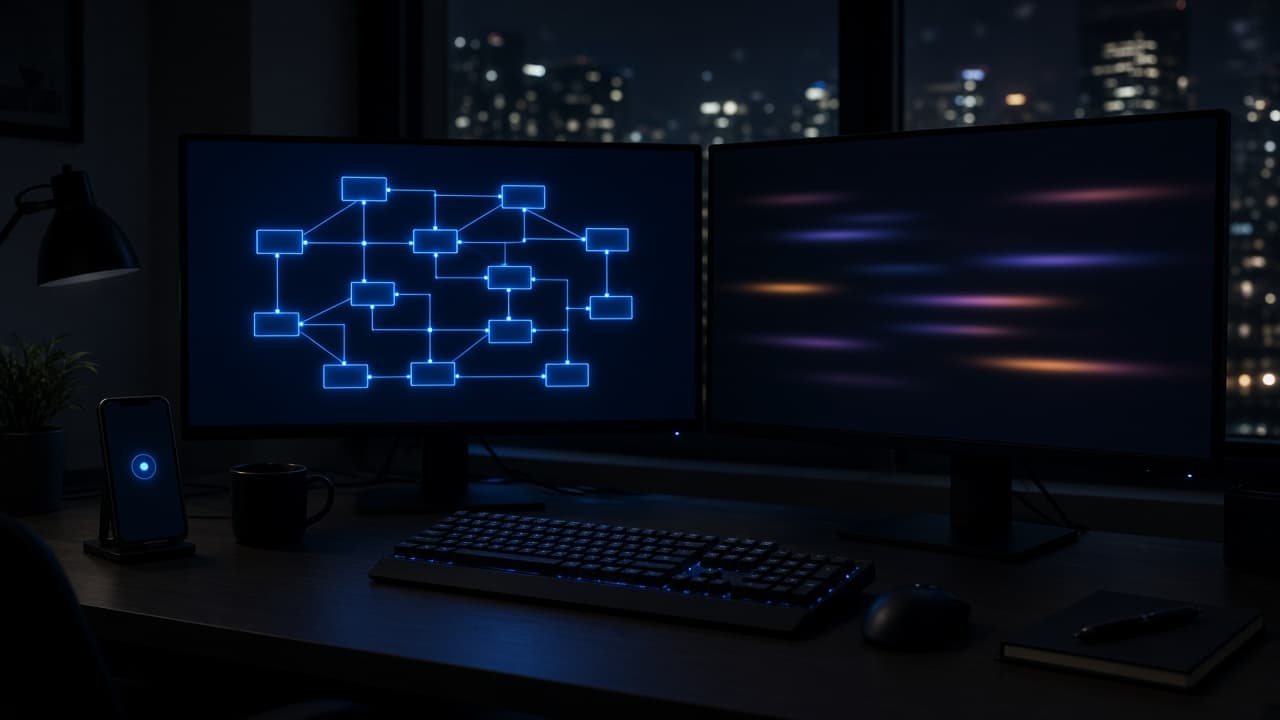 Two monitors showing a system diagram and code on a dark evening desk
