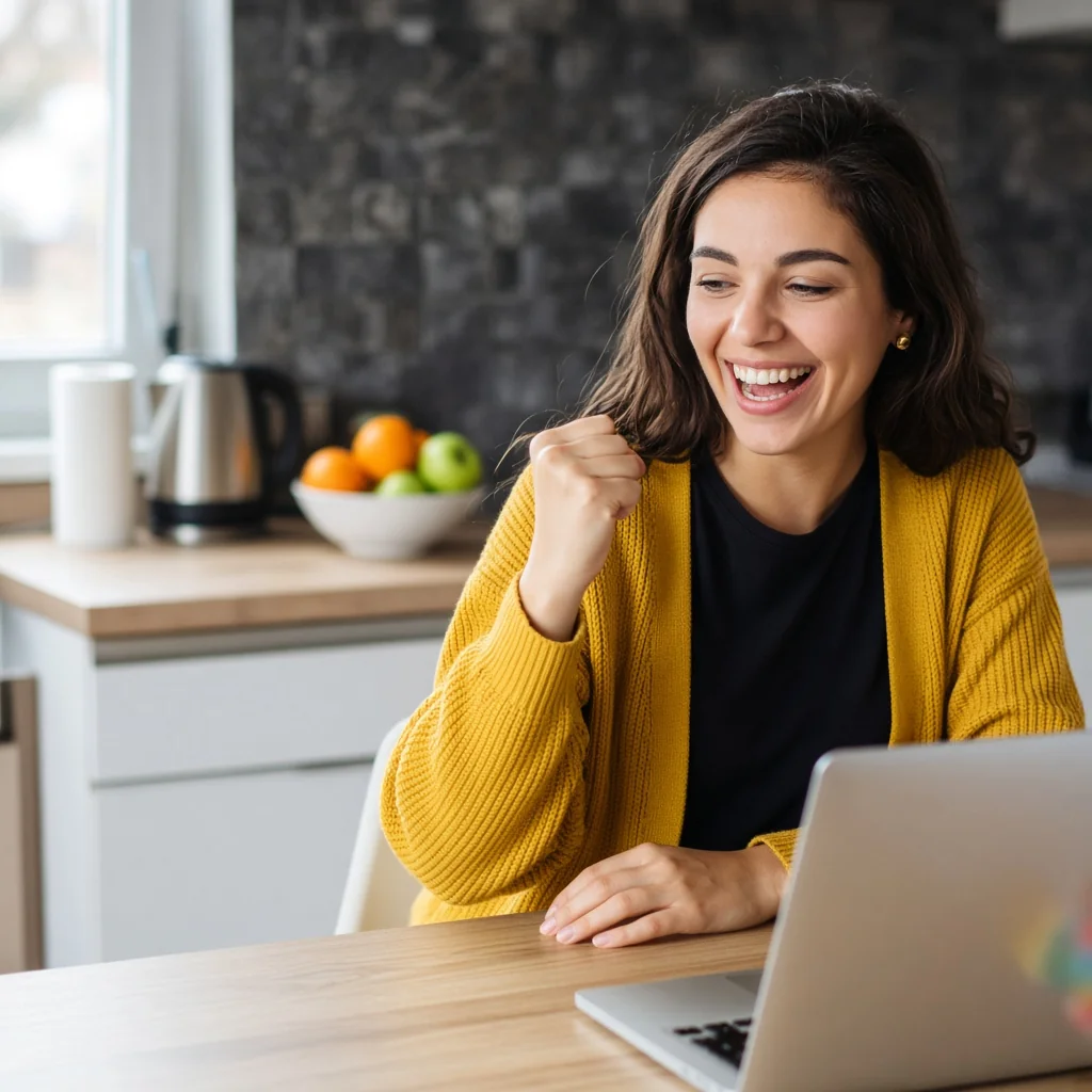 Happy woman celebrating while looking at her laptop